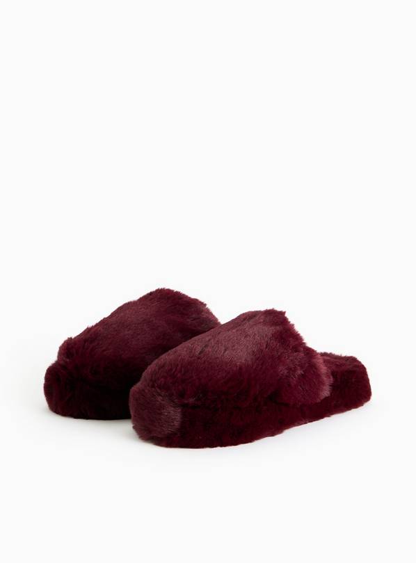 Burgundy Plush Faux Fur Mule Slippers M